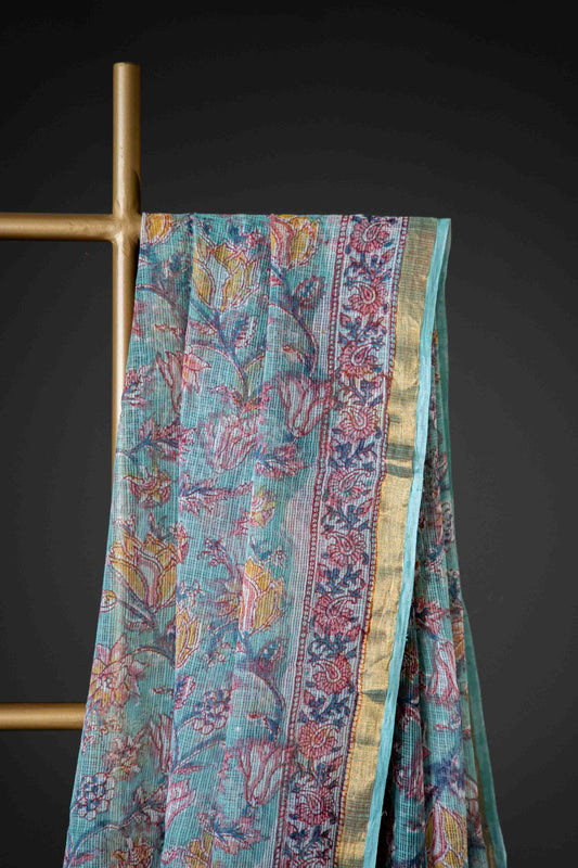 Kota Doria Saree – Light Green Hand Block Print, Pure Bagru Cotton - Atulyakarigari
