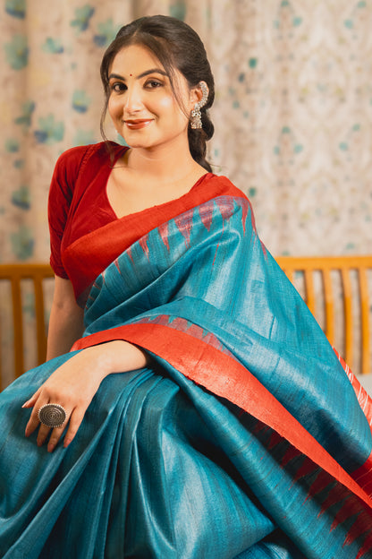 Peacock Blue Tussar Silk Saree with Red Border | Atulya Karigari