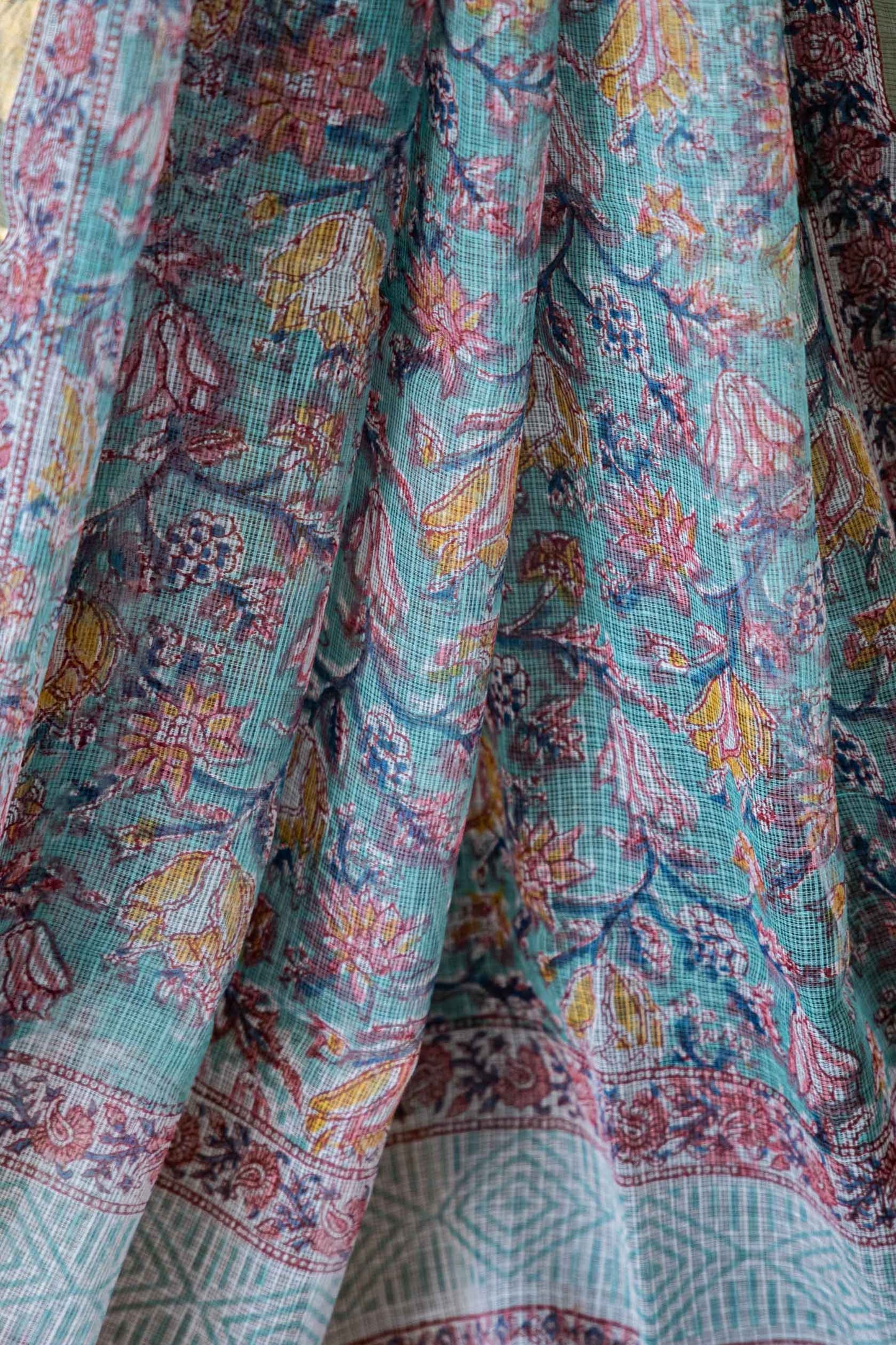 Kota Doria Saree – Light Green Hand Block Print, Pure Bagru Cotton