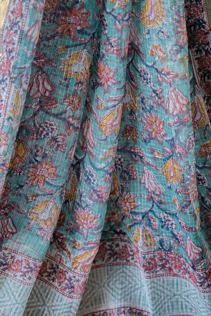 Kota Doria Saree – Light Green Hand Block Print, Pure Bagru Cotton