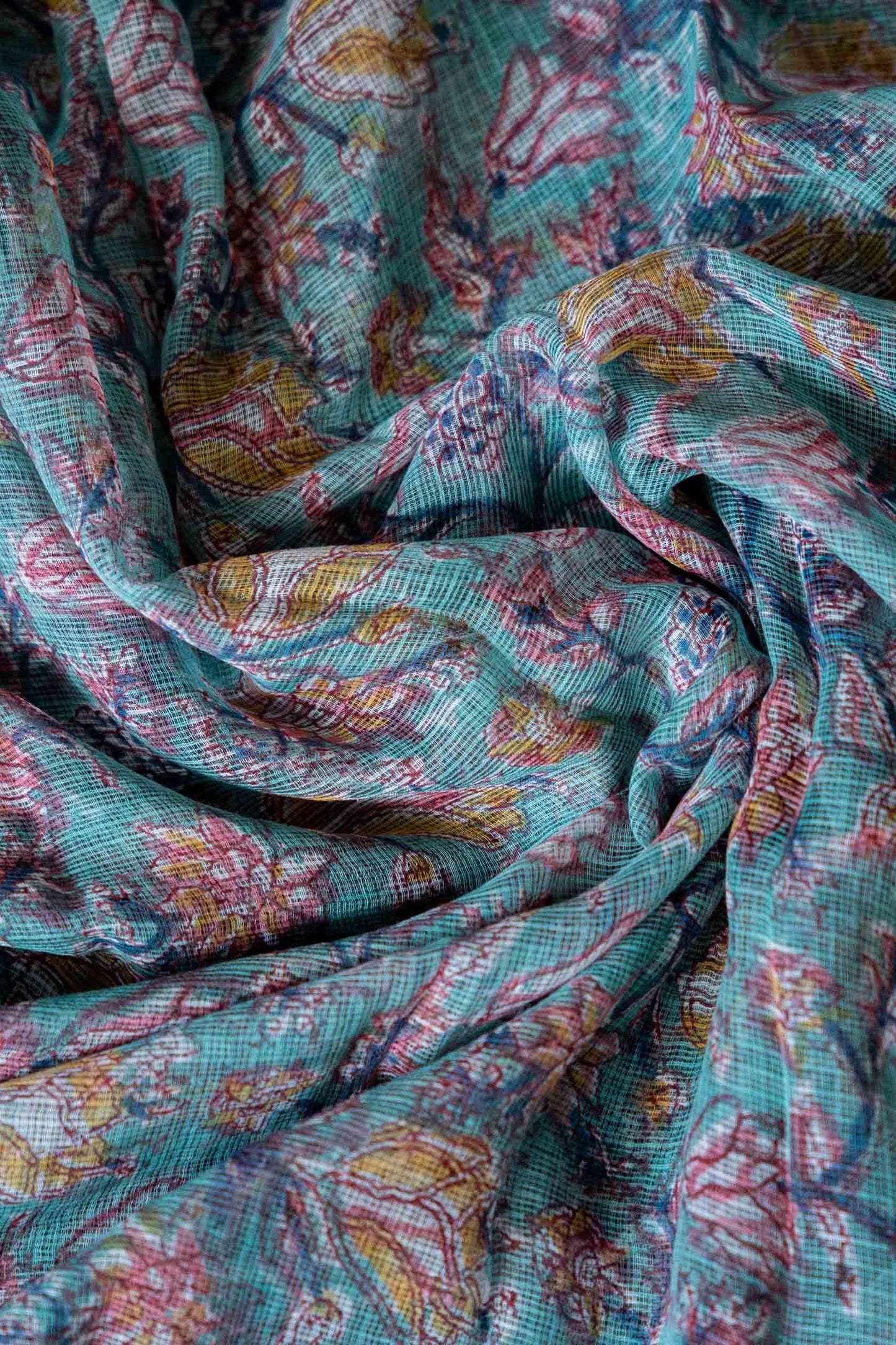 Kota Doria Saree – Light Green Hand Block Print, Pure Bagru Cotton