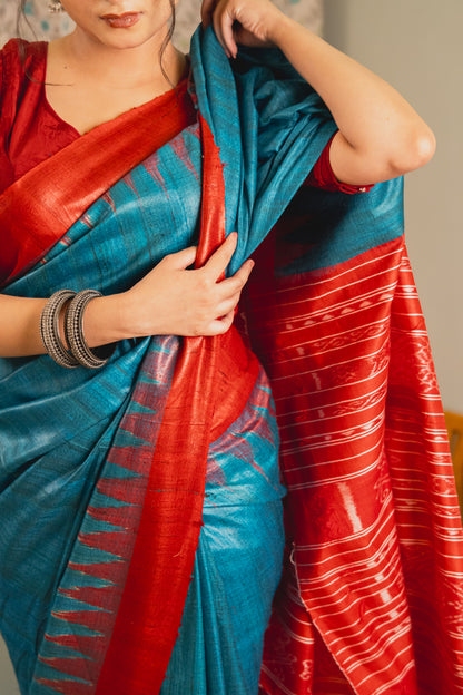 Peacock Blue Tussar Silk Saree with Red Border | Atulya Karigari
