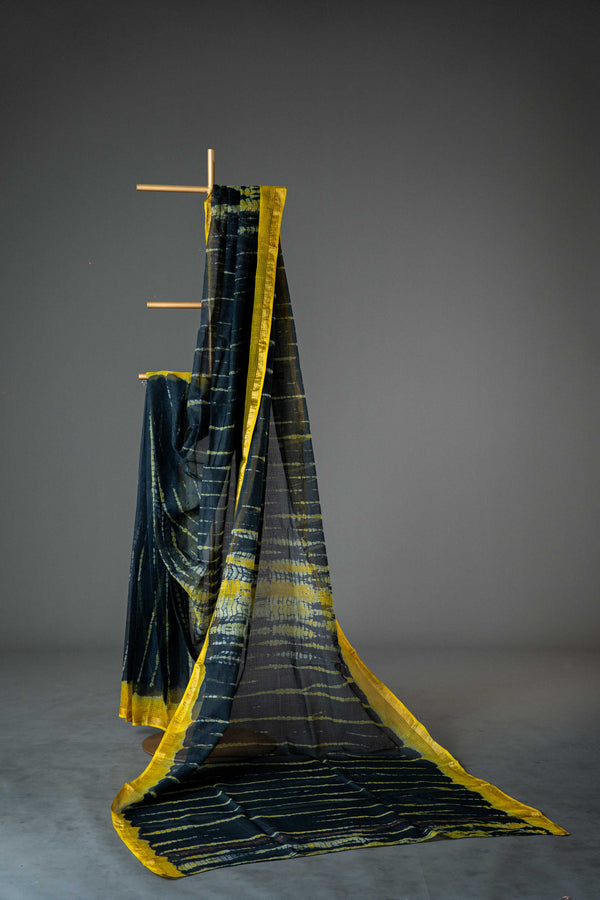 Kota Doria Saree – Black Hand Block Print, Bagru Cotton Handloom