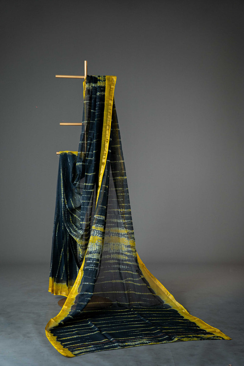 Black Kota Doria Saree, Hand Block Print
