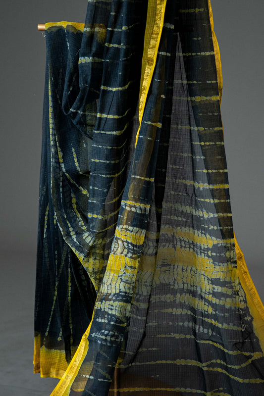 Kota Doria Saree – Black Hand Block Print, Bagru Cotton Handloom - Atulyakarigari
