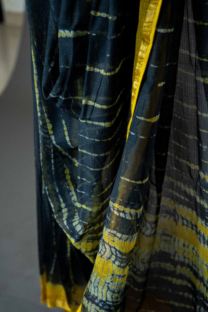 Kota Doria Saree – Black Hand Block Print, Bagru Cotton Handloom