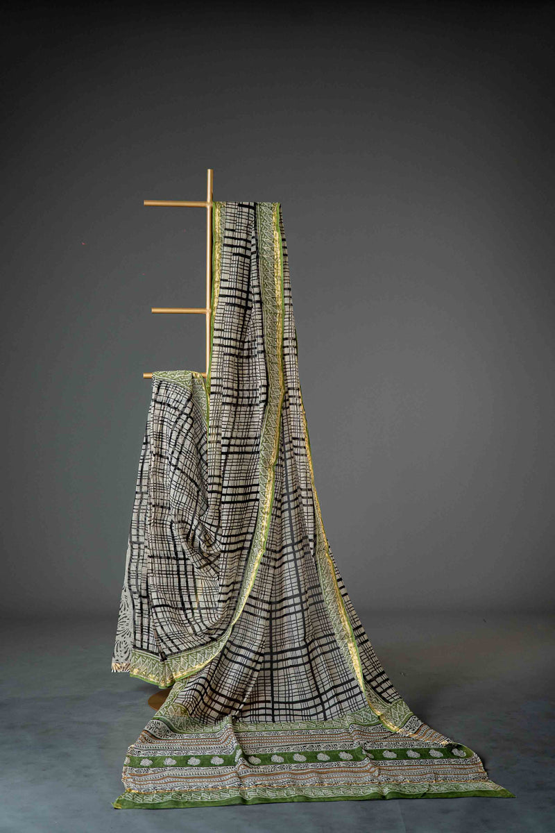 Black and White Kota Doria Cotton Saree, Block Print