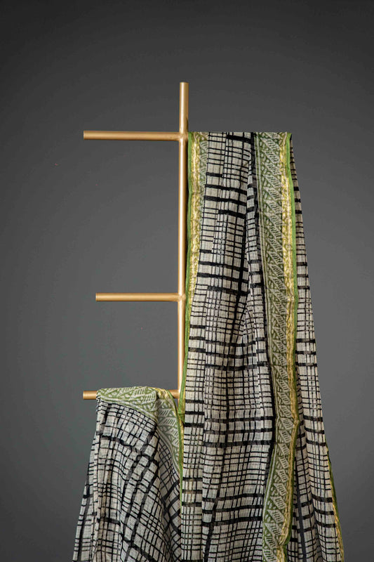 Kota Doria Handloom Saree – Black & White Block Print, Bagru Cotton - Atulyakarigari