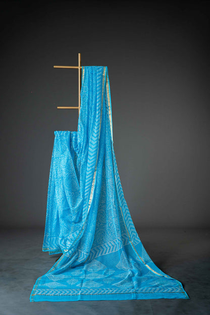 Turquoise Blue Kota Doria Saree – Floral Hand Block Print