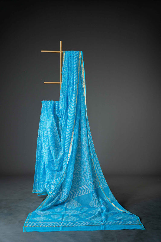 Turquoise Blue Kota Doria Saree – Floral Hand Block Print