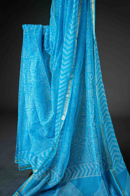 Turquoise Blue Kota Doria Saree – Floral Hand Block Print - Atulyakarigari