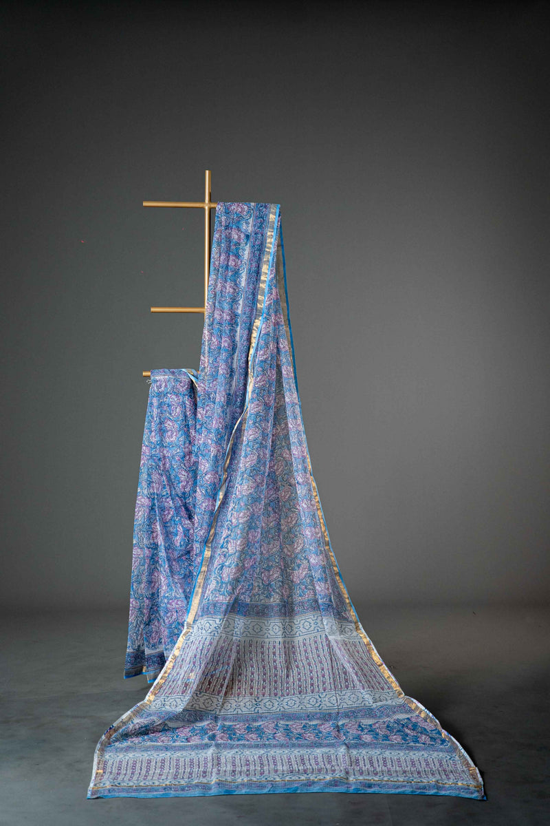 Bluish Purple Kota Doria Cotton Saree, Block Print