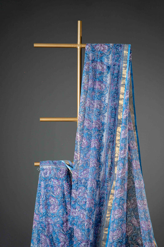 Bagru Kota Doria Saree – Bluish Purple Handloom Cotton Block Printed - Atulyakarigari