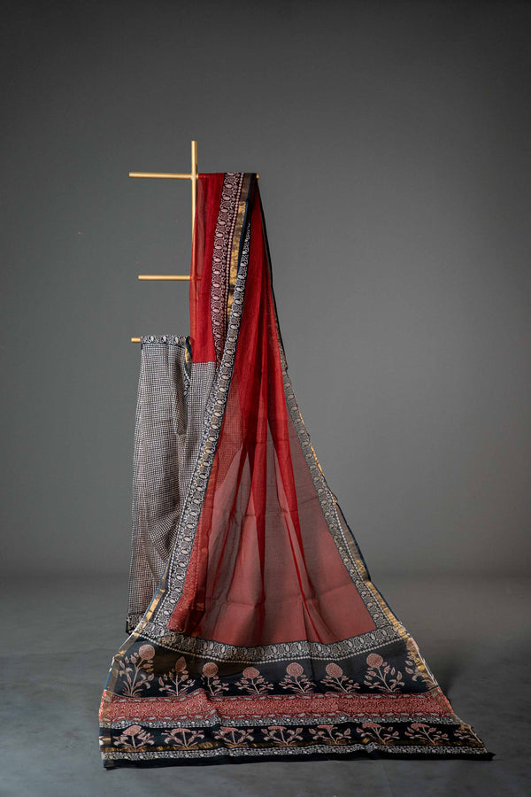 Kota Doria Handloom Saree – Brick & Black Block Print, Pure Bagru Cotton
