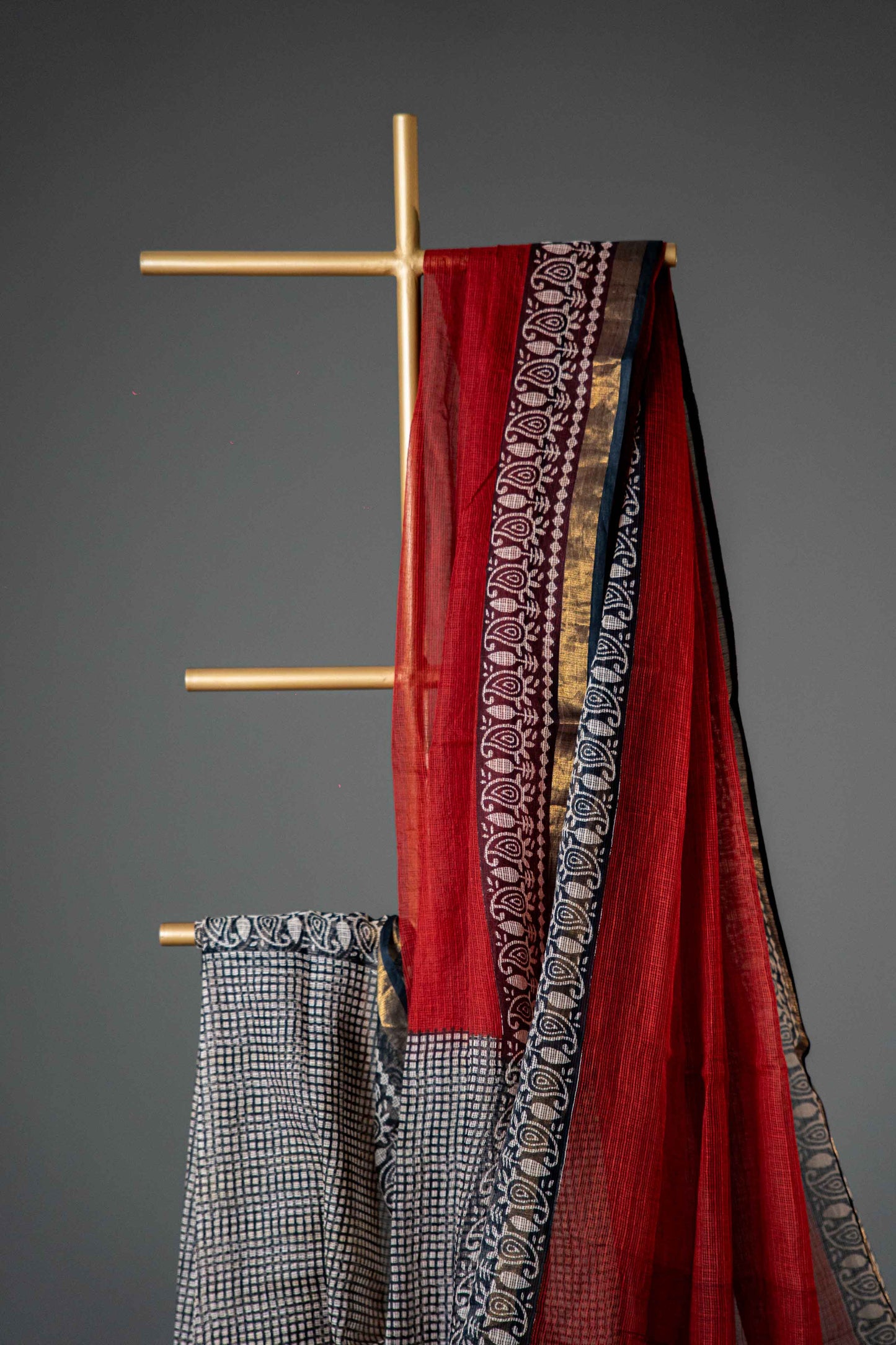 Kota Doria Handloom Saree – Brick & Black Block Print, Pure Bagru Cotton