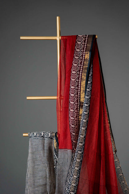 Kota Doria Handloom Saree – Brick & Black Block Print, Pure Bagru Cotton