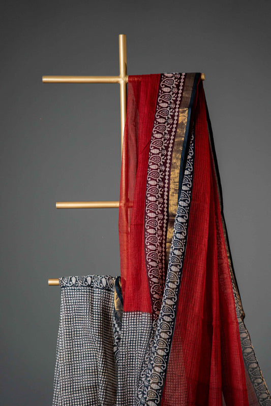 Kota Doria Handloom Saree – Brick & Black Block Print, Pure Bagru Cotton - Atulyakarigari