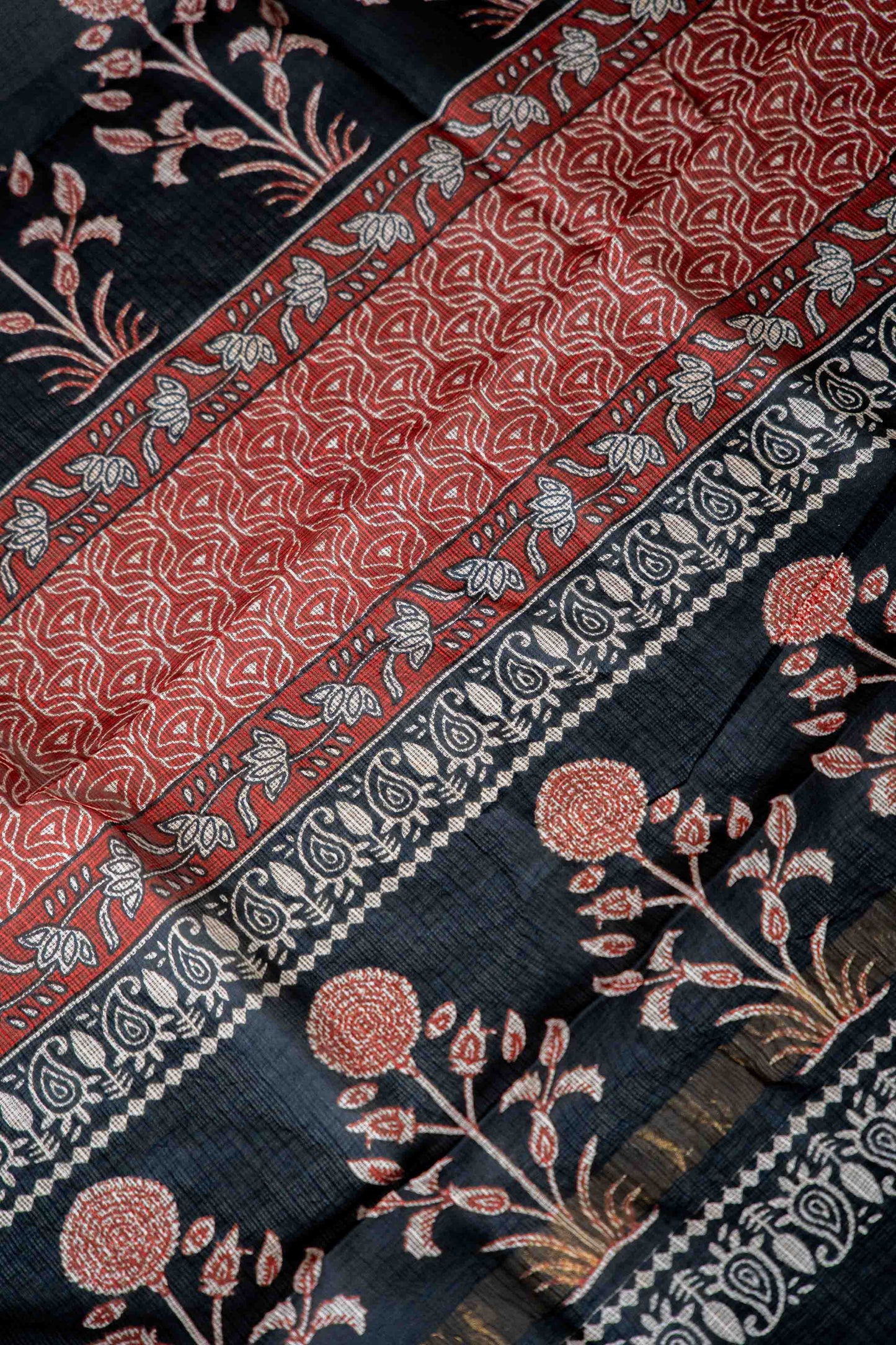 Kota Doria Handloom Saree – Brick & Black Block Print, Pure Bagru Cotton