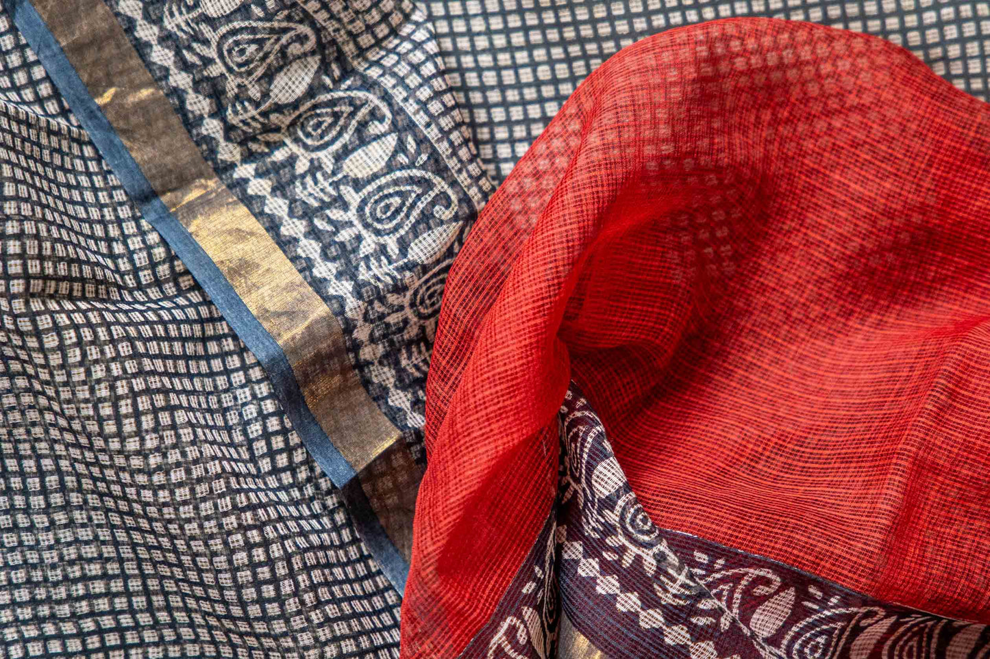 Kota Doria Handloom Saree – Brick & Black Block Print, Pure Bagru Cotton