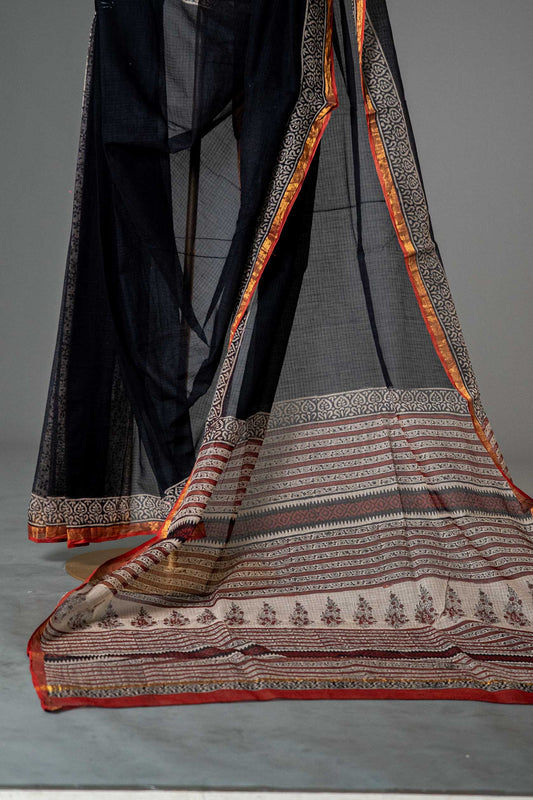 Bagru Kota Doria Handloom Saree – Black Block Print, Pure Cotton with Blouse - Atulyakarigari