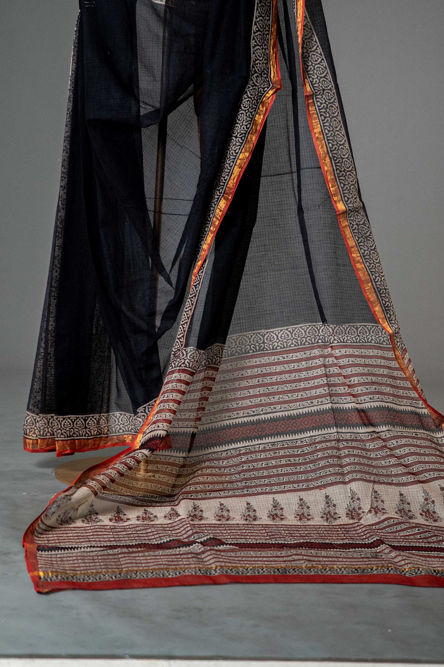 Bagru Kota Doria Handloom Saree – Black Block Print, Pure Cotton with Blouse