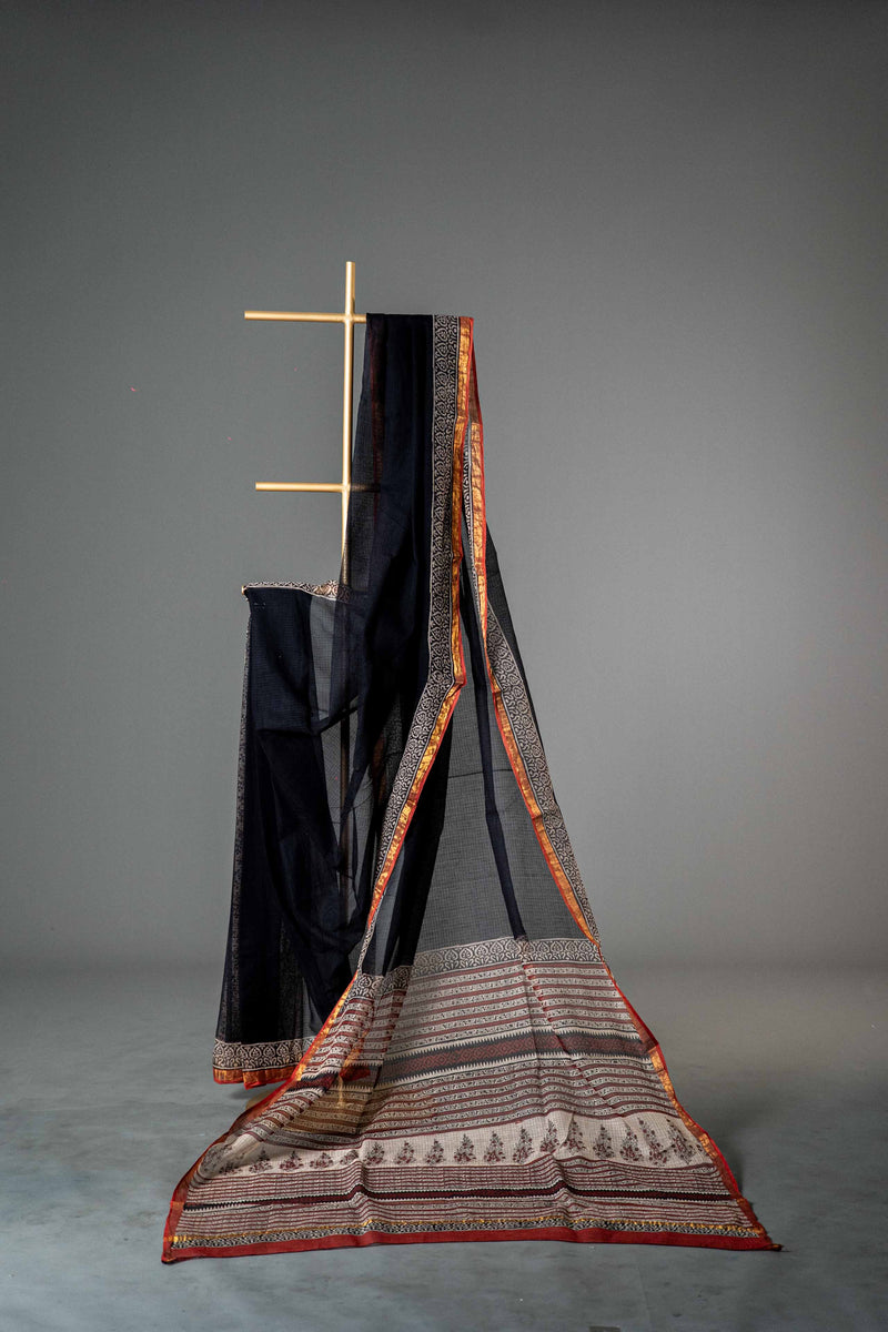Black Kota Doria Cotton Saree, Bagru Block Print