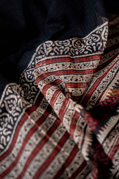 Bagru Kota Doria Handloom Saree – Black Block Print, Pure Cotton with Blouse