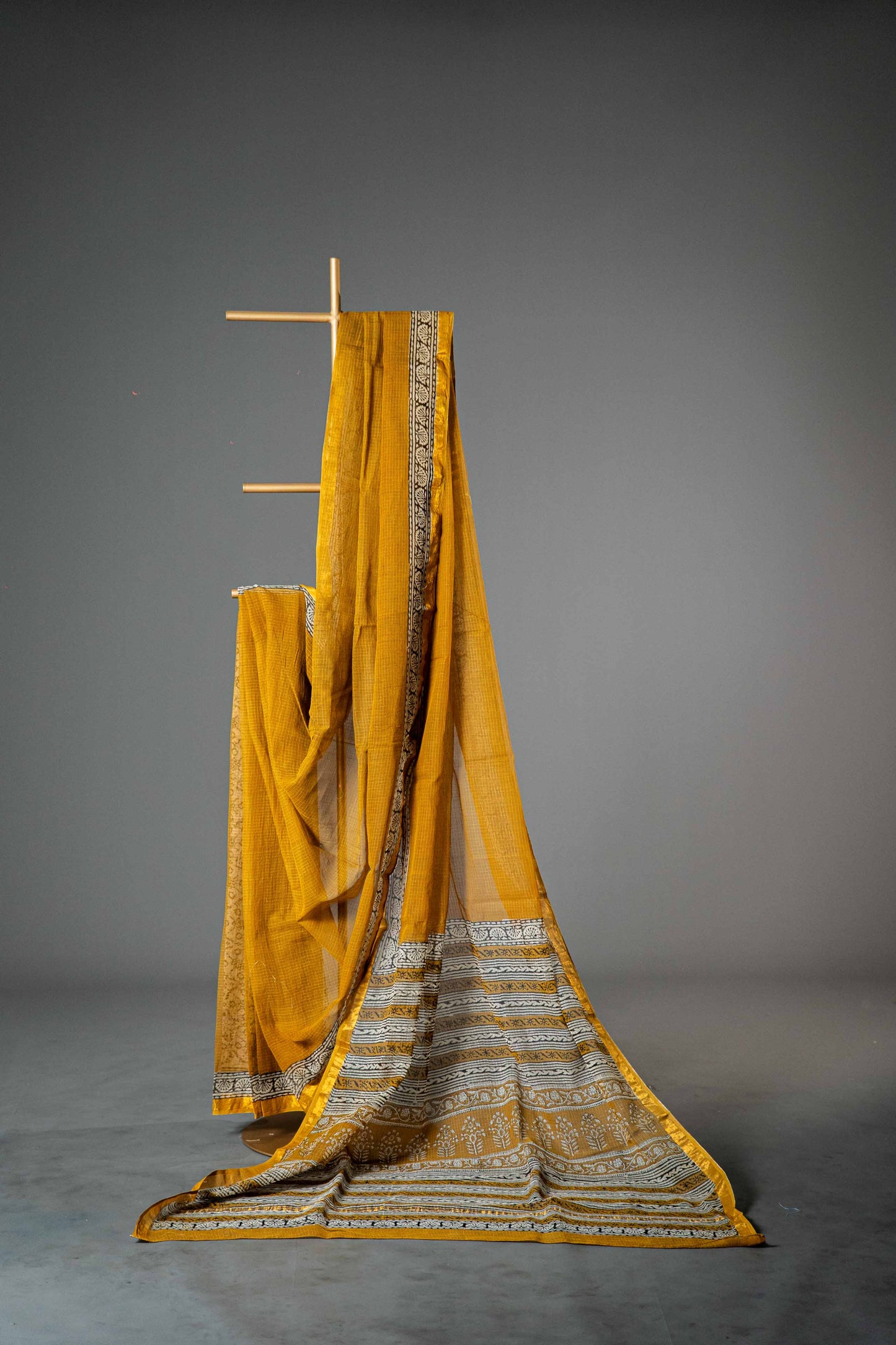 Kota Doria Handloom Saree – Dark Mustard Block Print, Bagru Cotton