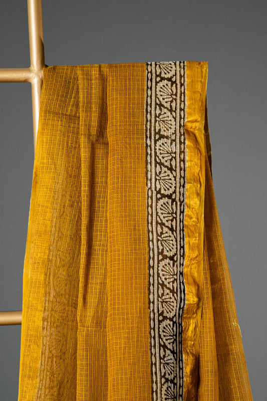 Kota Doria Handloom Saree – Dark Mustard Block Print, Bagru Cotton - Atulyakarigari