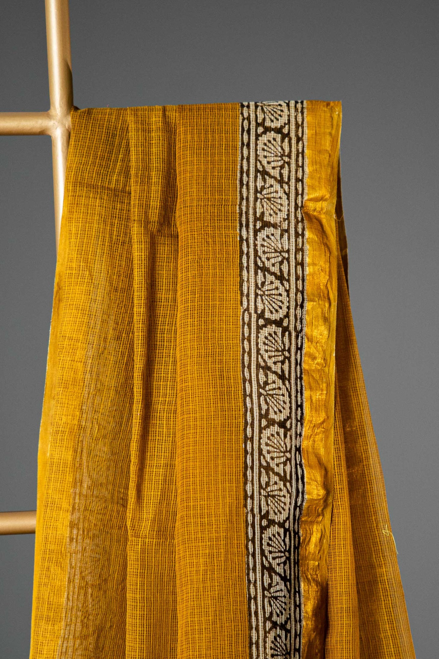 Kota Doria Handloom Saree – Dark Mustard Block Print, Bagru Cotton