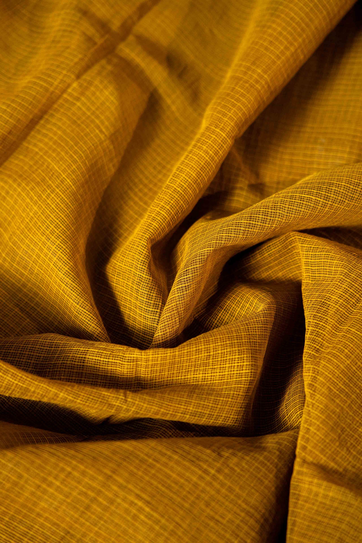 Kota Doria Handloom Saree – Dark Mustard Block Print, Bagru Cotton