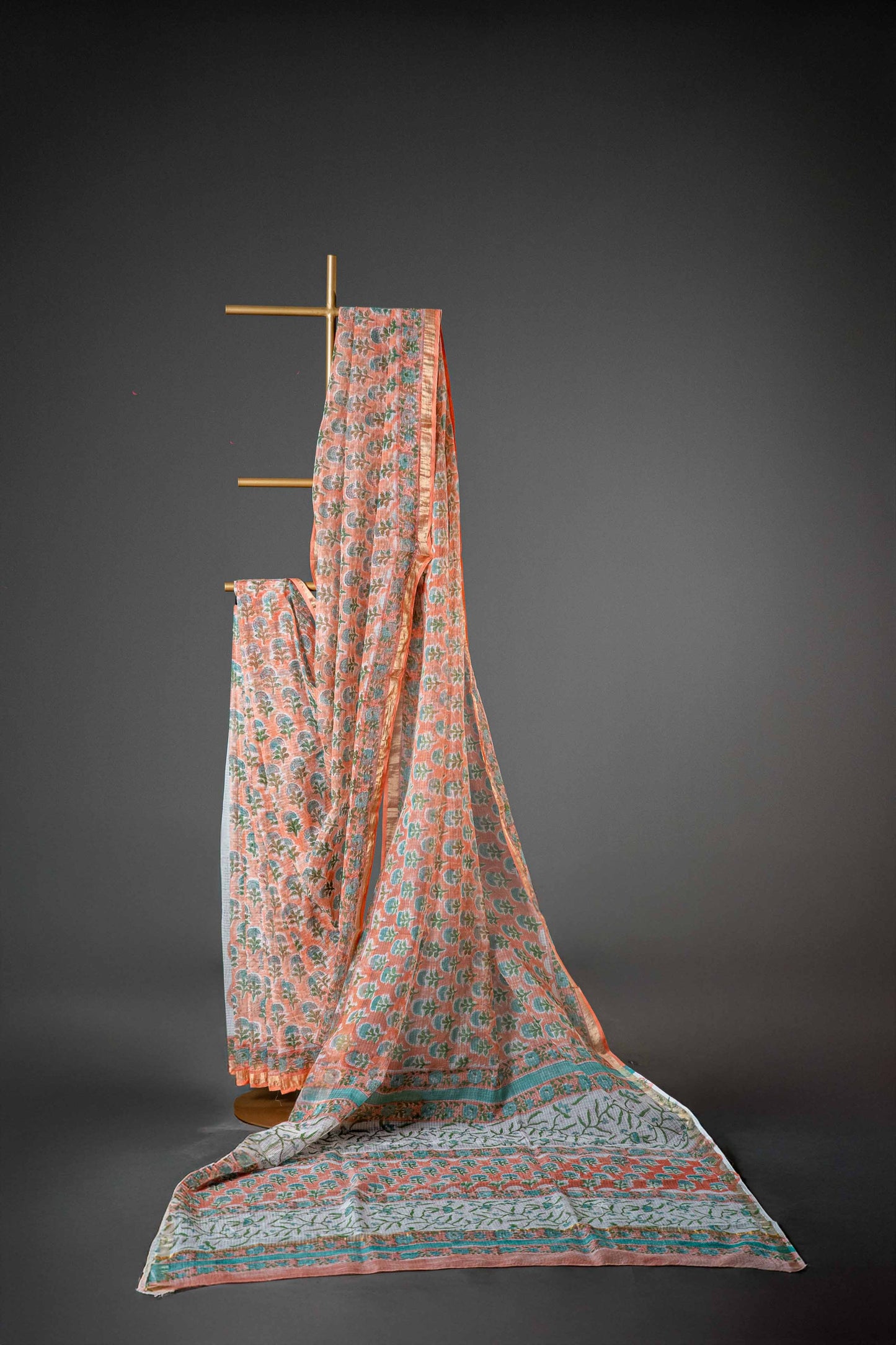 Kota Doria Saree – Light Orange Handloom Block Print, Bagru Cotton