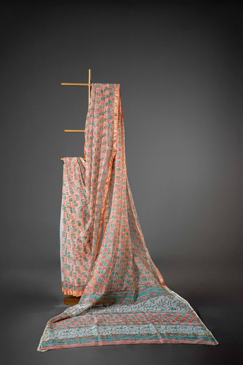 Light Orange Kota Doria Cotton Saree, Block Print