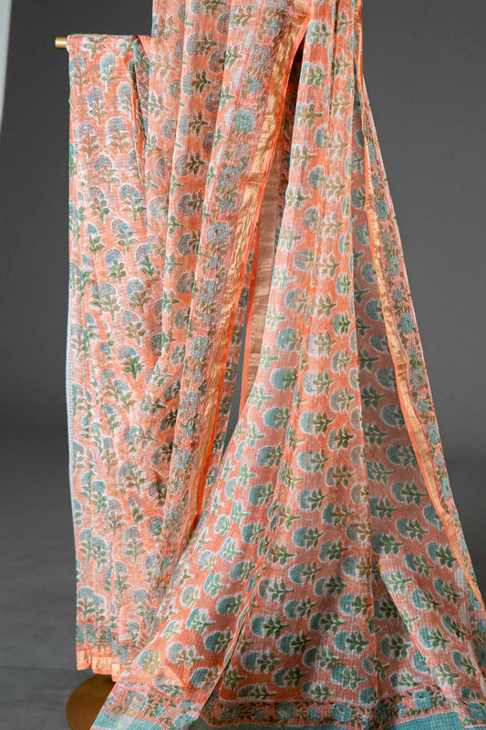 Kota Doria Saree – Light Orange Handloom Block Print, Bagru Cotton - Atulyakarigari