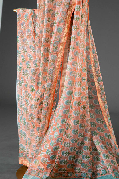 Kota Doria Saree – Light Orange Handloom Block Print, Bagru Cotton
