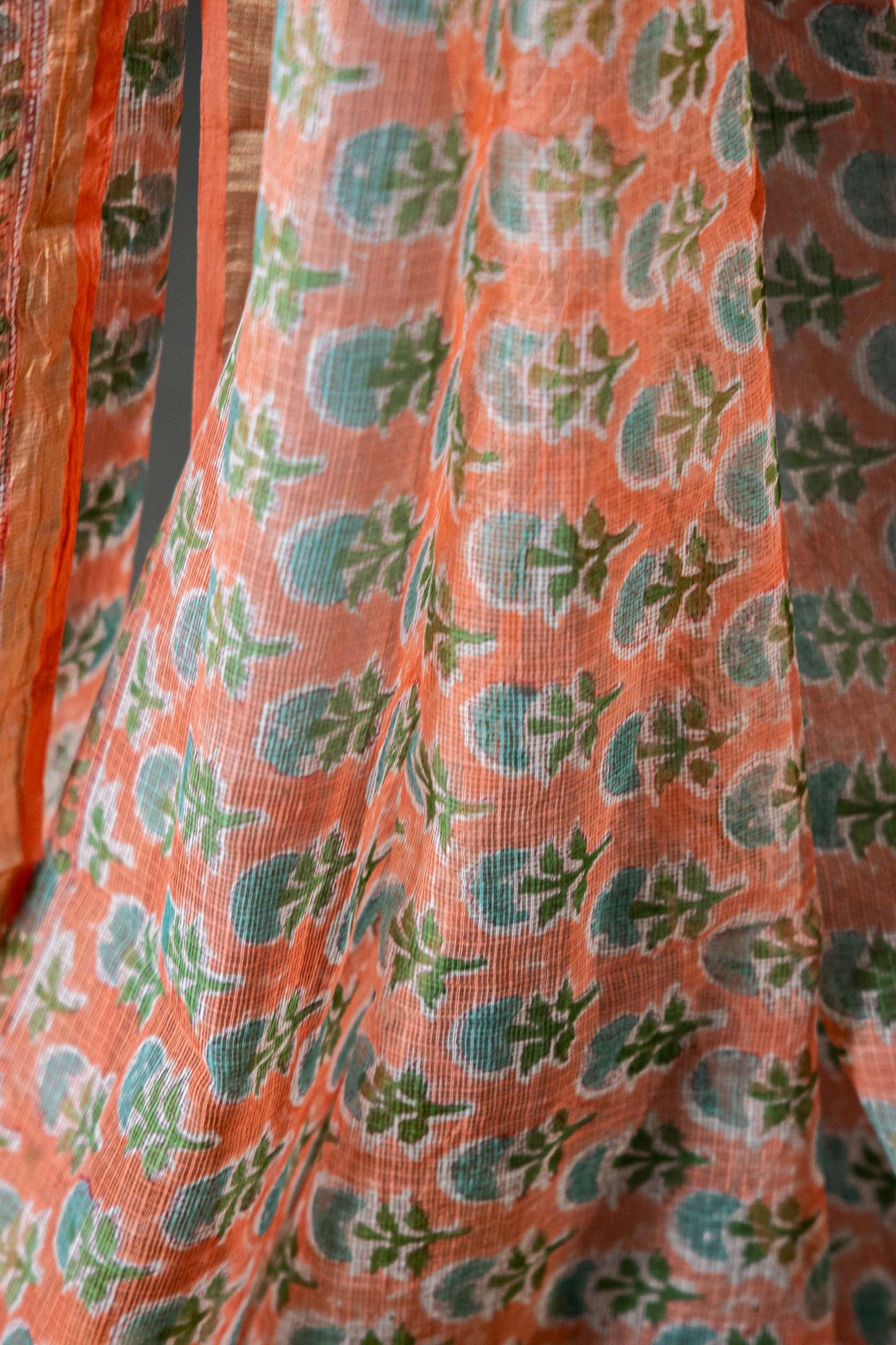 Kota Doria Saree – Light Orange Handloom Block Print, Bagru Cotton