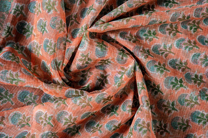 Kota Doria Saree – Light Orange Handloom Block Print, Bagru Cotton