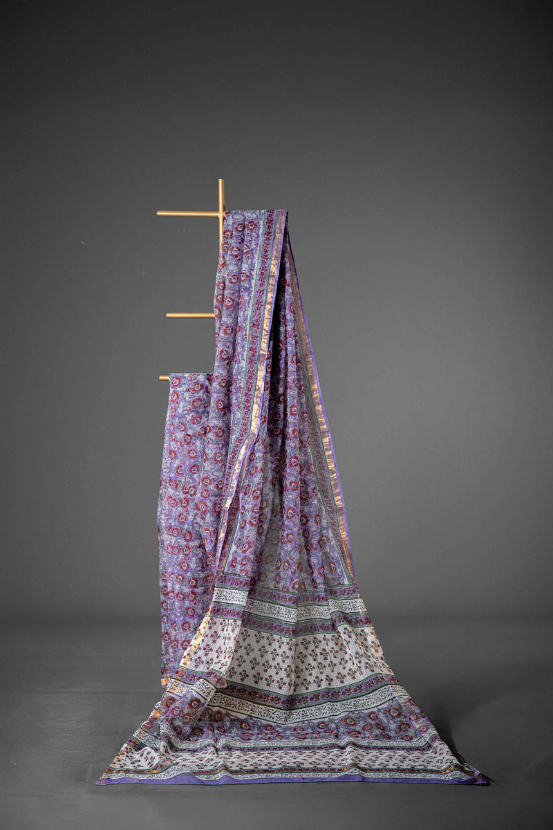 Onion Pink Kota Doria Cotton Saree, Block Print