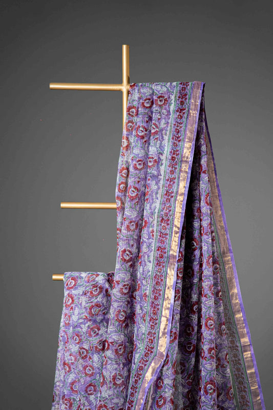 Bagru Kota Doria Handloom Saree – Onion Pink Block Print, Cotton with Blouse - Atulyakarigari