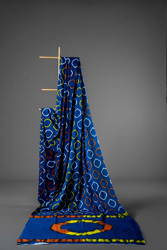Bagru Handloom Mul Mul Cotton Saree – Navy Blue Block Print