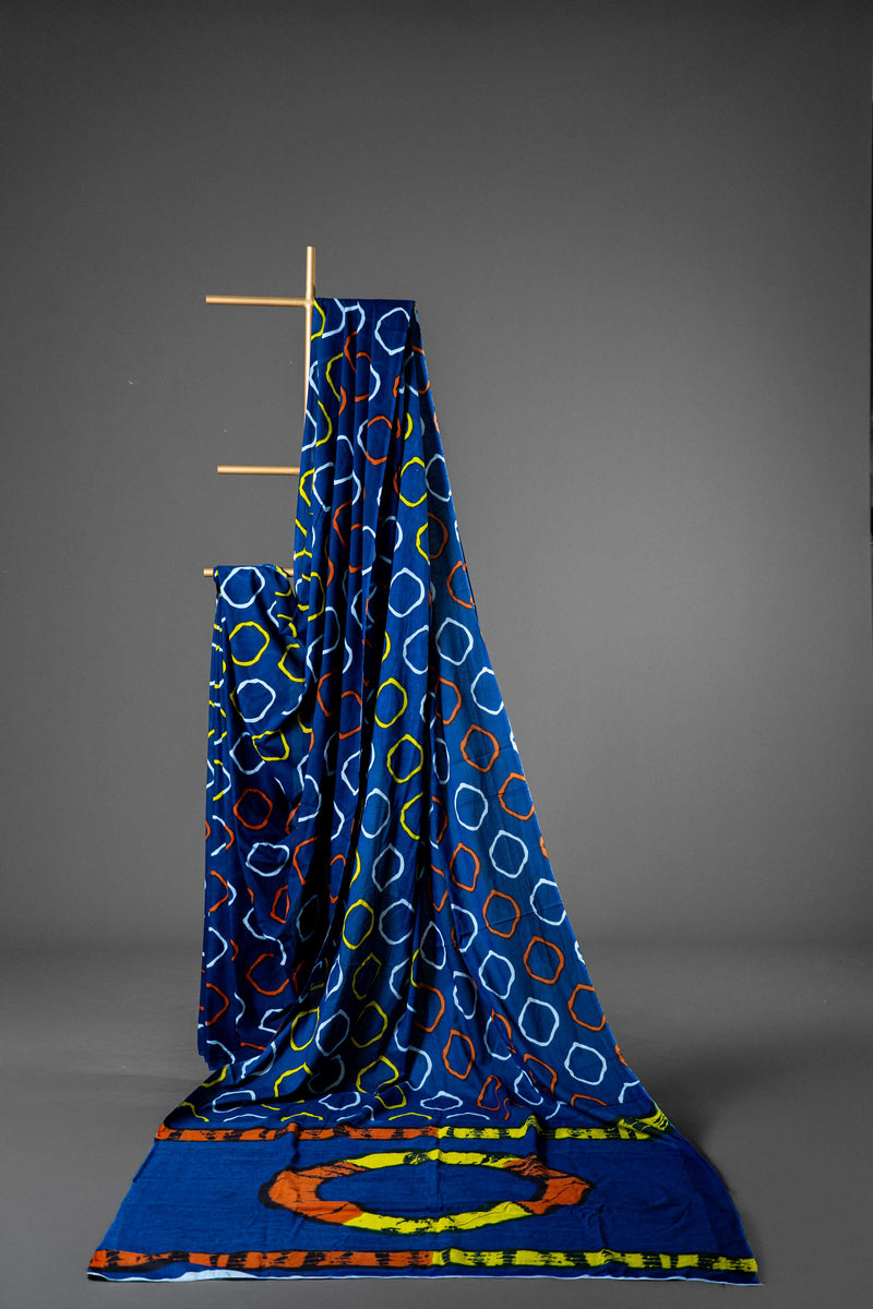 Navy Blue Bagru Mul Mul Cotton Saree