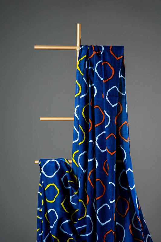 Bagru Handloom Mul Mul Cotton Saree – Navy Blue Block Print - Atulyakarigari