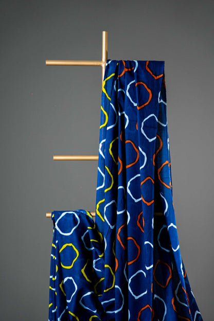 Bagru Handloom Mul Mul Cotton Saree – Navy Blue Block Print