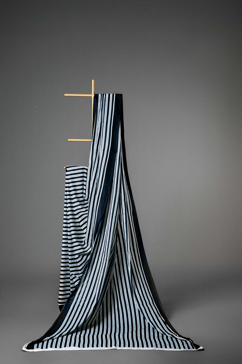 Black and White Bagru Mul Mul Saree, Block Print