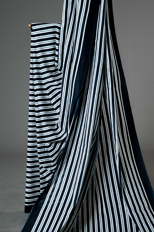 Bagru Handloom Mul Mul Cotton Saree – Black & White Block Print - Atulyakarigari