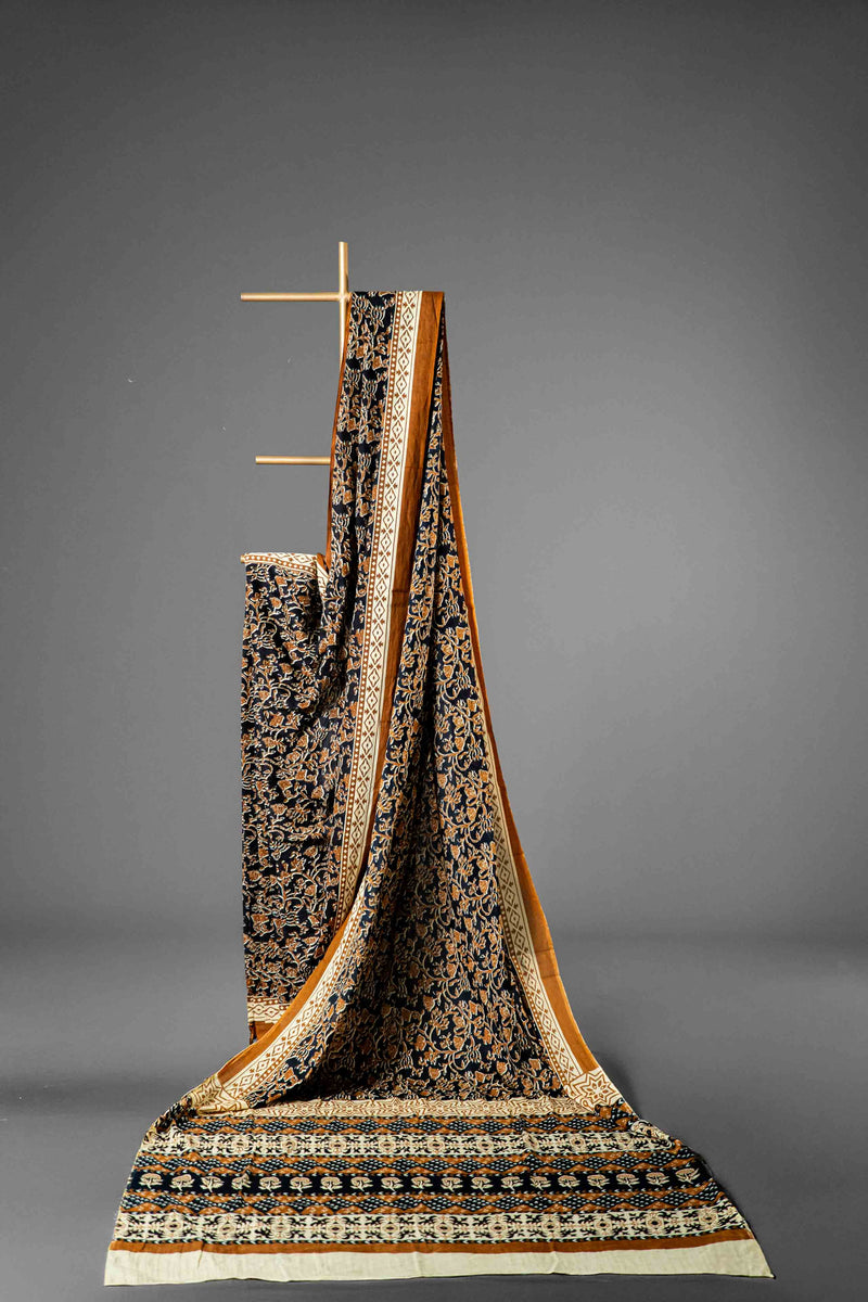 Brown Bagru Mul Mul Cotton Saree, Block Print