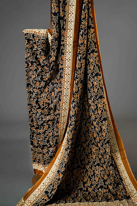 Bagru Handloom Mul Mul Cotton Saree – Brown Block Print - Atulyakarigari