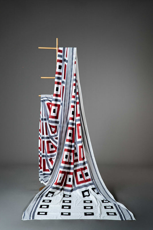 Bagru Handloom Mul Mul Cotton Saree – White Base with Multicolour Block Print