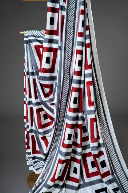 Bagru Handloom Mul Mul Cotton Saree – White Base with Multicolour Block Print