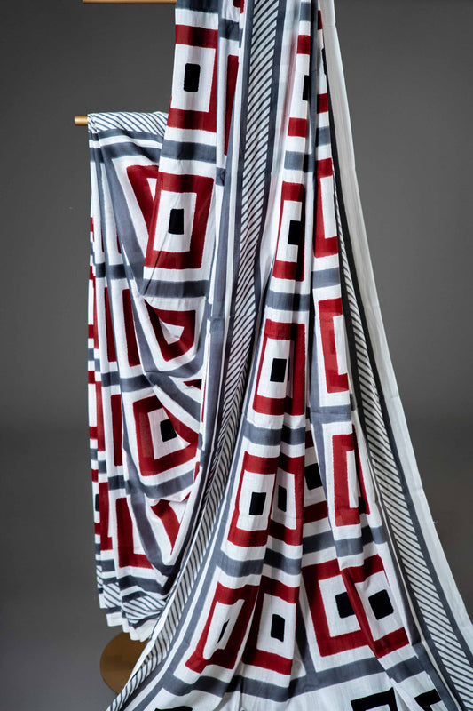 Bagru Handloom Mul Mul Cotton Saree – White Base with Multicolour Block Print - Atulyakarigari